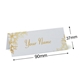 Personalised wedding place card with your name in elegant design on folded white cardstock. Dimensions are 90mm wide by 37mm high, shown with measurement indicators on a plain white background.