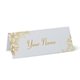 Personalised wedding place card with your name in elegant design on folded white cardstock. Minimalist design, set against a plain white background for a clean and sophisticated look.