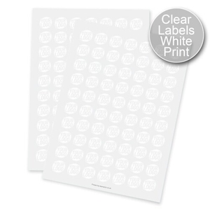 Two sheets of round transparent labels with white print, each label displaying a circular design with placeholder text. Designed for customised or personalised branding, ideal for applying logos or names to product packaging.
