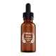 Amber glass dropper bottle with a black pipette lid, featuring a transparent label with white print in a laurel wreath design. Ideal for personalised or customised product branding, often used for essential oils, serums or cosmetic liquids.