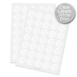 Two sheets of round transparent labels with white print, each label displaying a circular design with placeholder text. Designed for customised or personalised branding, ideal for applying logos or names to product packaging.