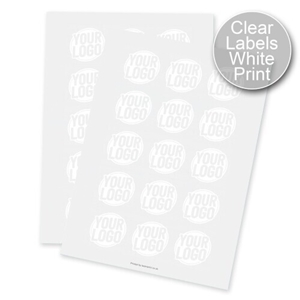 Two sheets of round transparent labels with white print, each label displaying a circular design with placeholder text. Designed for customised or personalised branding, ideal for applying logos or names to product packaging.