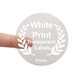 Round transparent label with white print reading 37mm, held between two fingers. Features a laurel wreath design and is ideal for customised or personalised branding on small product packaging or gift items.