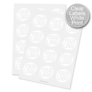 Two sheets of round transparent labels with white print, each label displaying a circular design with placeholder text. Designed for customised or personalised branding, ideal for applying logos or names to product packaging.