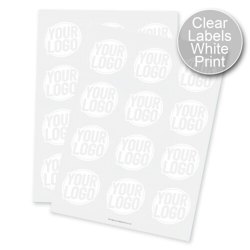 Two sheets of round transparent labels with white print, each label displaying a circular design with placeholder text. Designed for customised or personalised branding, ideal for applying logos or names to product packaging.