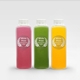 Three clear plastic bottles filled with pink, green and yellow liquids, each featuring a round transparent label with white print and laurel wreath design. Perfect for personalised or customised branding of juices, smoothies or health drinks.