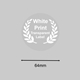 Round transparent label with white print and a laurel wreath design, displayed on a grey background with a measurement showing 64mm width. Ideal for customised or personalised product labels and small packaging.