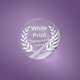 Close-up of a round transparent label with white print showing a laurel wreath design and text, placed on a smooth purple surface. Ideal for personalised or customised product branding, especially for cosmetics, gifts or boutique packaging.