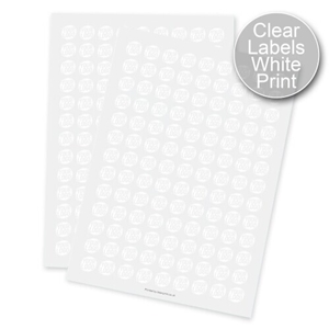 Two sheets of round transparent labels with white print, each label displaying a circular design with placeholder text. Designed for customised or personalised branding, ideal for applying logos or names to product packaging.