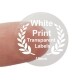 19mm transparent gloss label with white print on a finger holding it to show the size