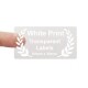 64mm x 34mm white print on transparent labels with a finger holding to show the size