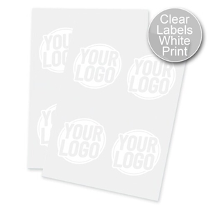 Two sheets of large transparent labels with white print, each displaying a circular placeholder design reading Your Logo. Ideal for customised or personalised branding on larger products or packaging, suitable for various business uses.