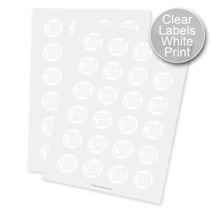 Two sheets of Square transparent labels with white print, each label displaying a circular design with placeholder text. Designed for customised or personalised branding, ideal for applying logos or names to product packaging.