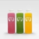 Three clear plastic bottles filled with pink, green and yellow liquids, each featuring a Square transparent label with white print and laurel wreath design. Perfect for personalised or customised branding of juices, smoothies or health drinks.