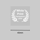 Square transparent label with white print and a laurel wreath design, displayed on a grey background with a measurement showing 40mm width. Ideal for customised or personalised product labels and small packaging.