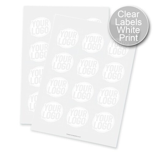 Two sheets of Square transparent labels with white print, each label displaying a circular design with placeholder text. Designed for customised or personalised branding, ideal for applying logos or names to product packaging.