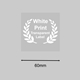 Square transparent label with white print and a laurel wreath design, displayed on a grey background with a measurement showing 60mm width. Ideal for customised or personalised product labels and small packagin