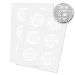 Two sheets of Square transparent labels with white print, each label displaying a circular design with placeholder text. Designed for customised or personalised branding, ideal for applying logos or names to product packaging.