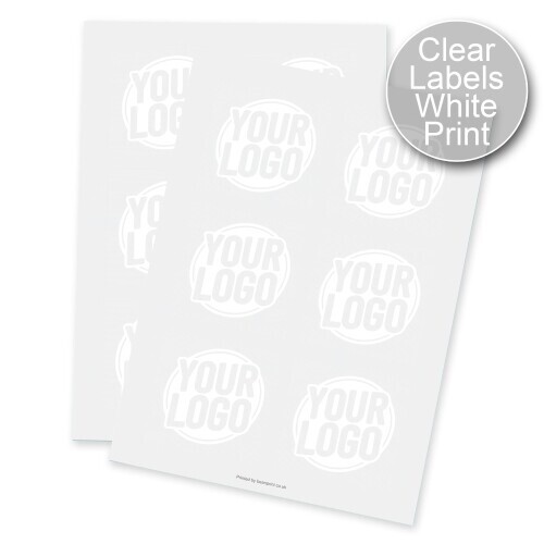 Two sheets of Square transparent labels with white print, each label displaying a circular design with placeholder text. Designed for customised or personalised branding, ideal for applying logos or names to product packaging.