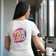 Woman wearing a white t-shirt with a custom Your Logo design printed on the back, ideal for personalised branding or customised apparel.