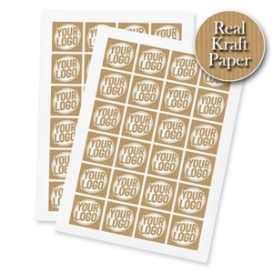 Two sheets of square kraft paper stickers, each with a custom white print reading Your Logo in a circular design. The 40mm brown labels feature a subtle striped texture and are arranged in a neat grid. A round badge in the top corner highlights Real Kraft Paper material.