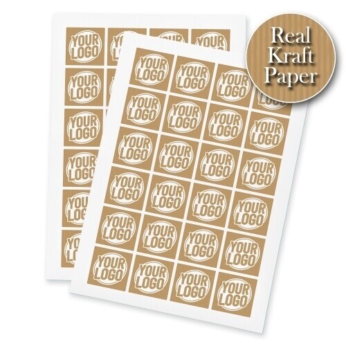 Two sheets of square kraft paper stickers, each with a custom white print reading Your Logo in a circular design. The 40mm brown labels feature a subtle striped texture and are arranged in a neat grid. A round badge in the top corner highlights Real Kraft Paper material.