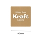 Close-up of a single square kraft label with white print reading White Print Kraft Labels. The brown sticker has a subtle striped texture and measures 30mm across, as indicated by a horizontal arrow and dimension label beneath it.