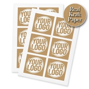 Two sheets of square kraft paper stickers, each with a custom white print reading Your Logo in a circular design. The 80mm brown labels feature a subtle striped texture and are arranged in a neat grid. A round badge in the top corner highlights Real Kraft Paper material.
