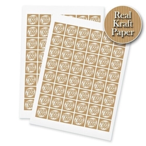 Two sheets of personalised square kraft paper stickers with placeholder text Your Logo printed in white. Each sheet contains 48 custom stickers arranged in a 6 by 8 grid. A round badge in the corner reads Real Kraft Paper, highlighting the textured brown paper material.
