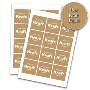 Two sheets of square kraft paper stickers, each with a custom white print reading Your Logo in a circular design. The 60mm brown labels feature a subtle striped texture and are arranged in a neat grid. A round badge in the top corner highlights Real Kraft Paper material.