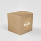 Brown kraft paper box with a square personalised kraft label on the front, featuring white text that reads White Print Kraft Labels. The label has a subtle striped texture and stands out against the natural cardboard finish, ideal for custom packaging.