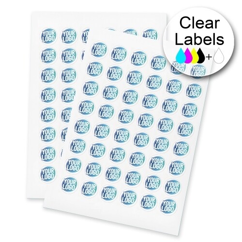 Two sheets of clear circle labels featuring a custom blue and white logo, arranged neatly for easy peeling and application. The labels are ideal for personalised branding or product packaging.