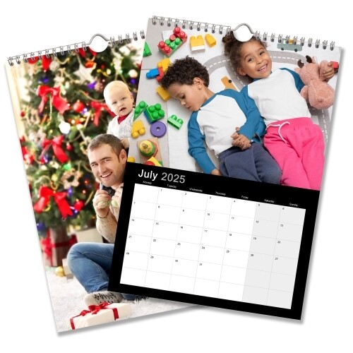 An A4 photo calendar showingyour image. One image features a family photo of your choice The calendar is spiral-bound with space for your images above each month.