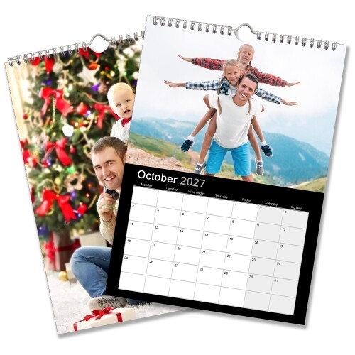 Personalised A4 photo calendar with a modern black design, family photograph and monthly date grid