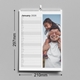 Personalised wall calendar open to January 2026, featuring a photo of a young girl playfully covering her father's eyes. Dimensions are clearly shown as 297mm high by 210mm wide.