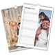 A 2026 personalised wall planner calendar is shown open to January. The layout includes a vertical list of dates with space for notes beside each day and a full-length photo of a girl playfully covering a smiling man's eyes. Behind it, the cover features a family posing in front of a festive wooden backdrop with fairy lights. The calendar is spiral-bound with a central hanging hook.
