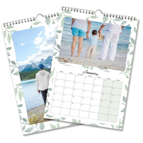 An A4 photo calendar showingyour image. One image features a family photo of your choice The calendar is spiral-bound with space for your images above each month.