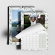 An A4 photo calendar  featuring your own photo or picture on the top page. The calendar is spiral-bound and partially open, revealing a blank month grid. Behind it, another personlaied image of your choice