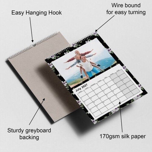 Black floral A3 photo wall calendar with wire binding, hanging hook, sturdy greyboard backing and 170gsm silk pages.