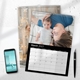 Personalised A3 March 2027 calendar featuring a parent and baby, displayed beside a phone and pen.