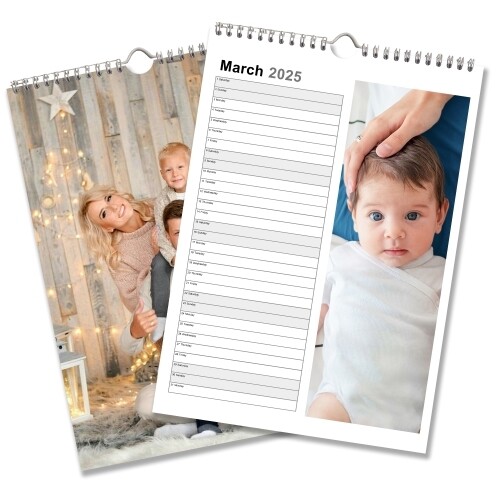 Two spiral-bound wall calendars, one open to March 2025 with space for notes and a photo o