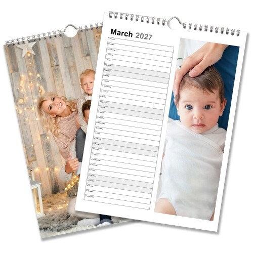 Personalised A3 photo wall calendar for 2027 with family pictures and a lined daily list layout.