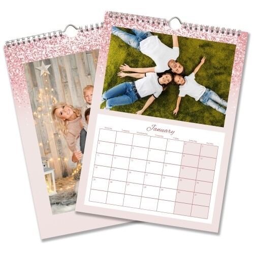 Personalised A4 photo calendar with a pink glitter design, family photograph and monthly date grid