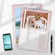 An A4 wall calendar for July 2025 with a pink glitter border. The page features a photo of a young child kissing a baby on a bench, with a monthly grid below. A second calendar with a lake and mountain scene is partially visible. A smartphone and pen are placed next to the calendars.