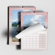 Two A4 wall calendars with pink glitter borders. One features a landscape photo of a person by a lake, while the other shows a page being turned to reveal a black-and-white image of baby feet cradled by adult hands. Both calendars have monthly grids, spiral bindings, and hanging hooks.