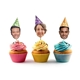3 cup cakes showing our face cake toppers with fun party hats