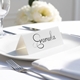 Personalised wedding place card with your name in elegant black script on folded white cardstock. Placed on a white plate with silver cutlery and a neatly folded napkin, with soft-focus white flowers in the background.