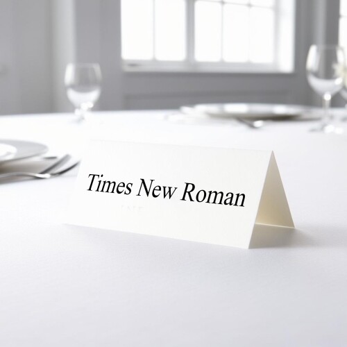 Personalised wedding place card with your name in elegant black script on folded white cardstock. Placed on a table set for a formal event, with plates, cutlery, and wine glasses in the softly blurred background.