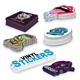 A variety of stacked vinyl stickers on a white surface. Designs include a bear logo with 