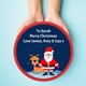 Hands holding a red tub with a personalised Christmas sticker featuring Santa and a reindeer on a snowy night. The message reads 